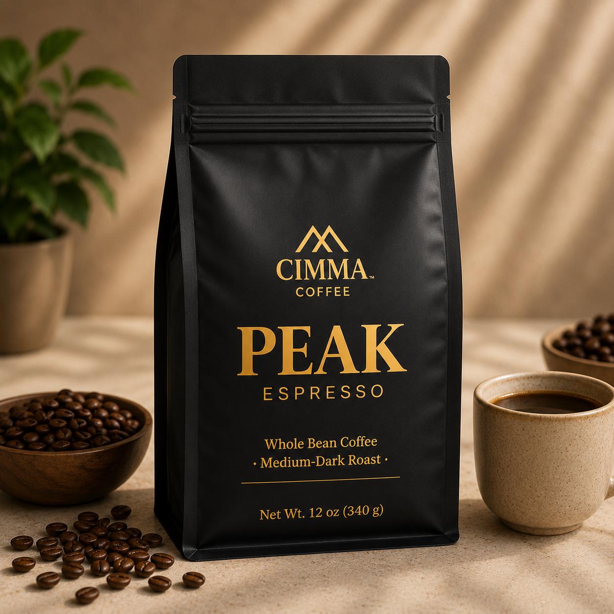 Peak Espresso 12 oz whole bean coffee bag by CIMMA Coffee