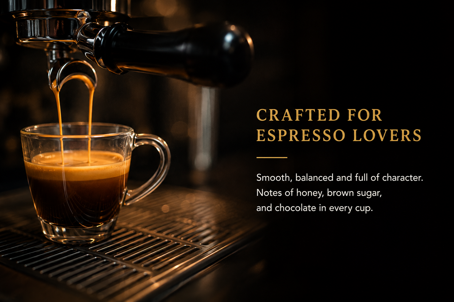 Peak Espresso shot being poured int a glass cup with crafted for espresso lovers message